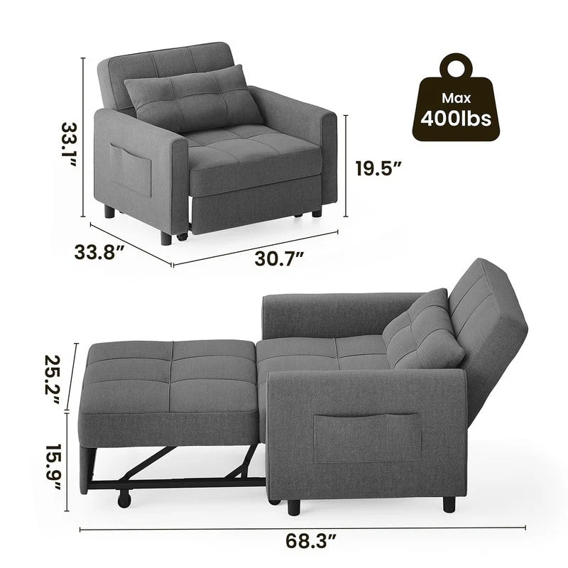 3-in-1 Adjustable Sleeper Sofa Bed, Pull Out Chair Sofa, Convertible Folding Bed for Living Room