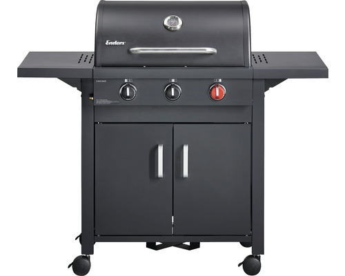 Enders® Chicago 3 Black Turbo 3-pits gasbarbecue, 51 x 108 cm, zwart, inclusief opbergplank, dekselthermometer, vetopvangbak, opklapbare zijtafel, krachtige warmtezone, grillrooster van roestvrij staal