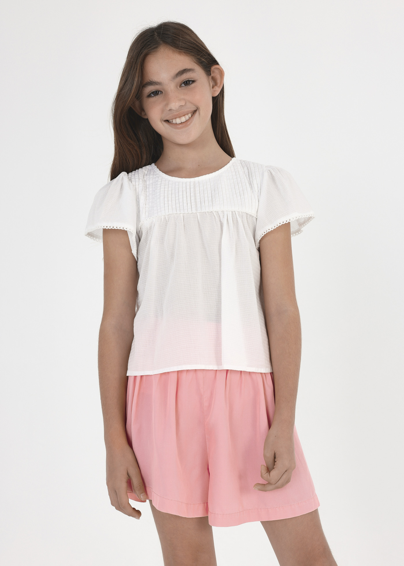 Blusa de manga curta com cordões de algodão para meninas