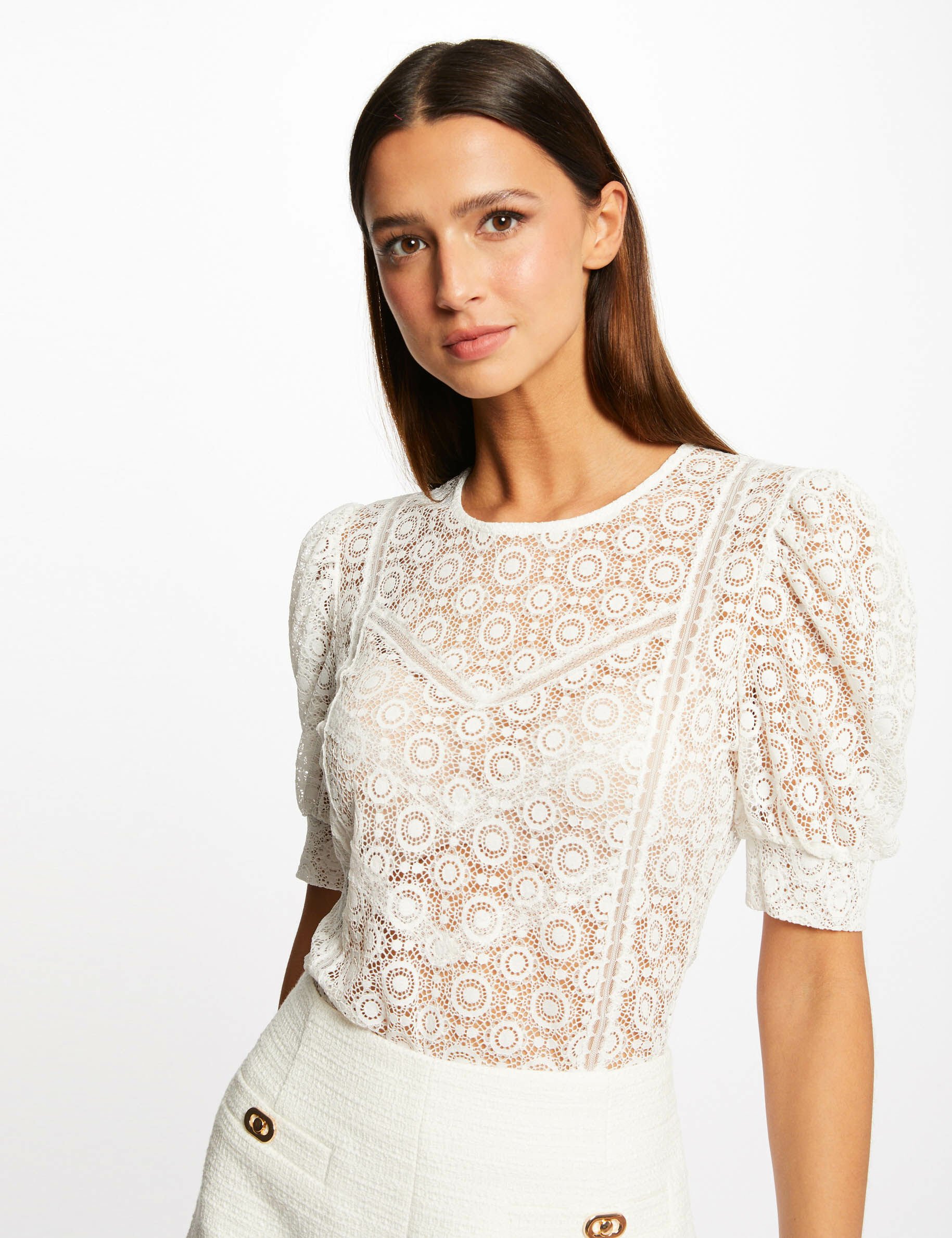 T-shirt manches courtes en dentelle ecru femme - ecru