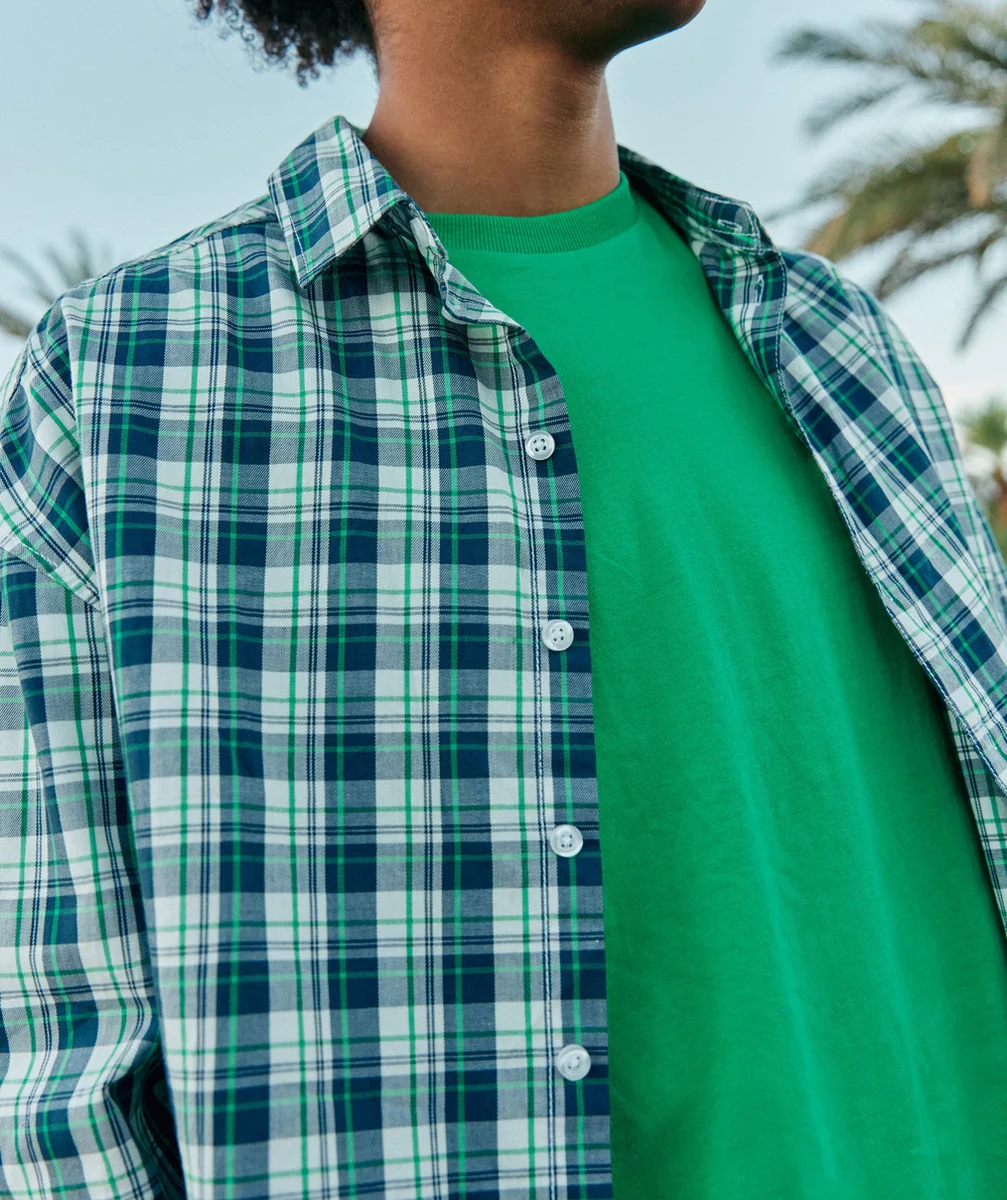 CHEMISE À CARREAUX MANCHES LONGUES GARÇON EN COTON BIO BLEUE ET VERTE