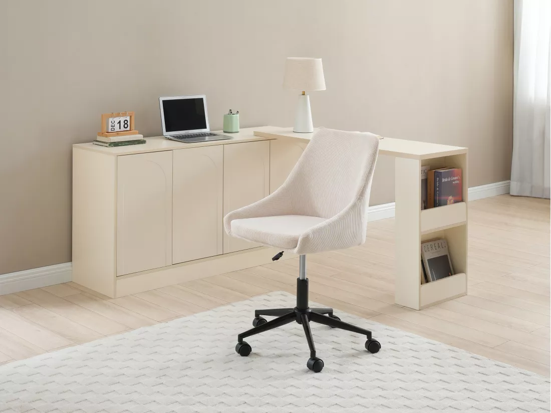 Chaise de bureau - Velours côtelé - Crème et noir - Hauteur ajustable - MASURIE