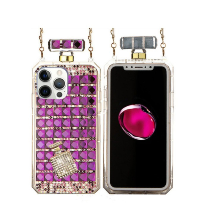 iPhone 14 Pro Necklace Glitzer Case Hülle im Parfümflaschen Design   Handykette (100cm) - Lila / Transparent