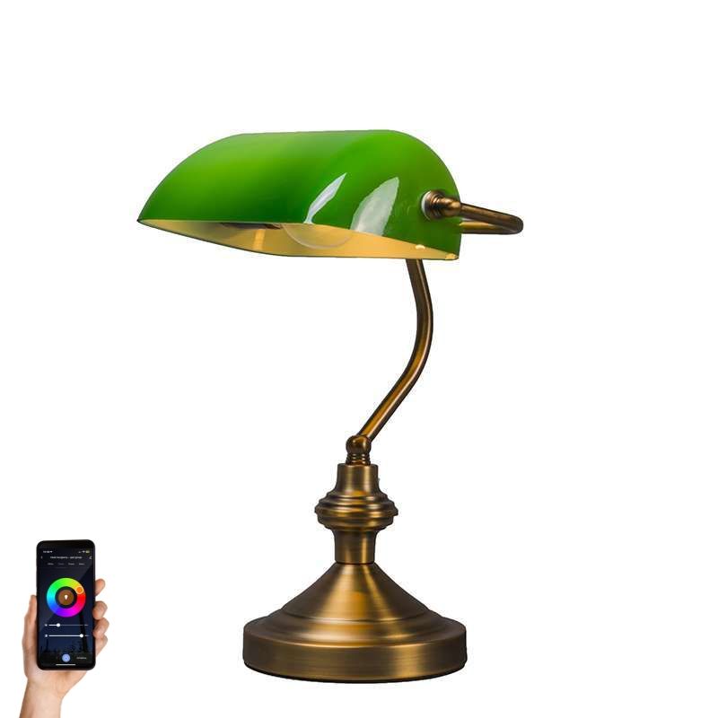 Smart klassieke tafellamp brons met groen glas incl. Wifi A60 - Banker