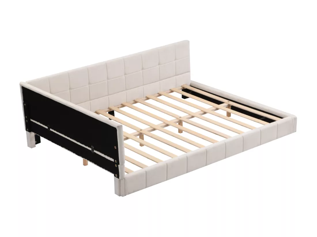 Lit gigogne capitonné 140x200cm, canapé-lit, sommier à lattes, lit adulte, velours, Beige