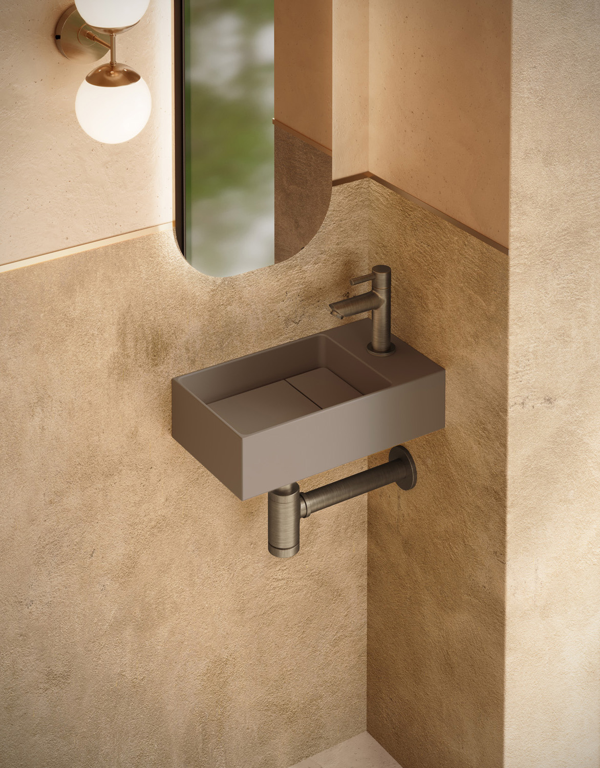 Saniclear Itsie fonteinset mat taupe met rechte kraan in verouderd messing