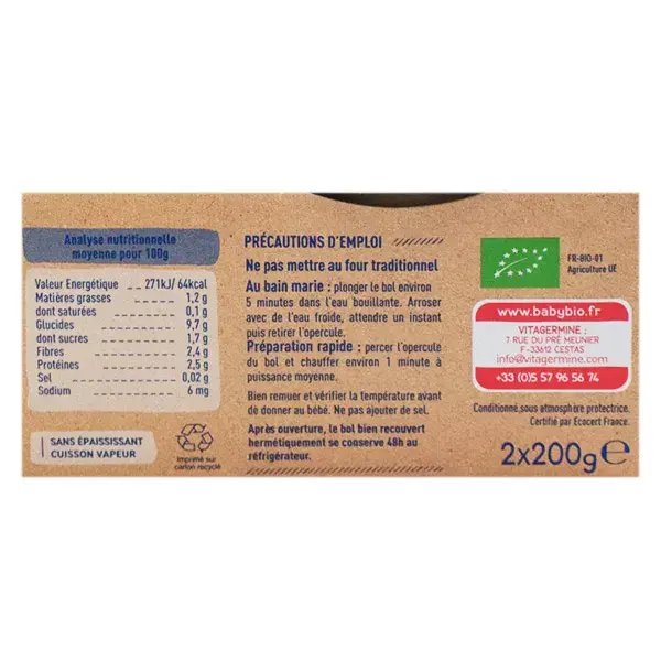 Tigela de refeição noturna Babybio com feijão verde, pastinaca e trigo +12 meses Orgânico 2 x 200g