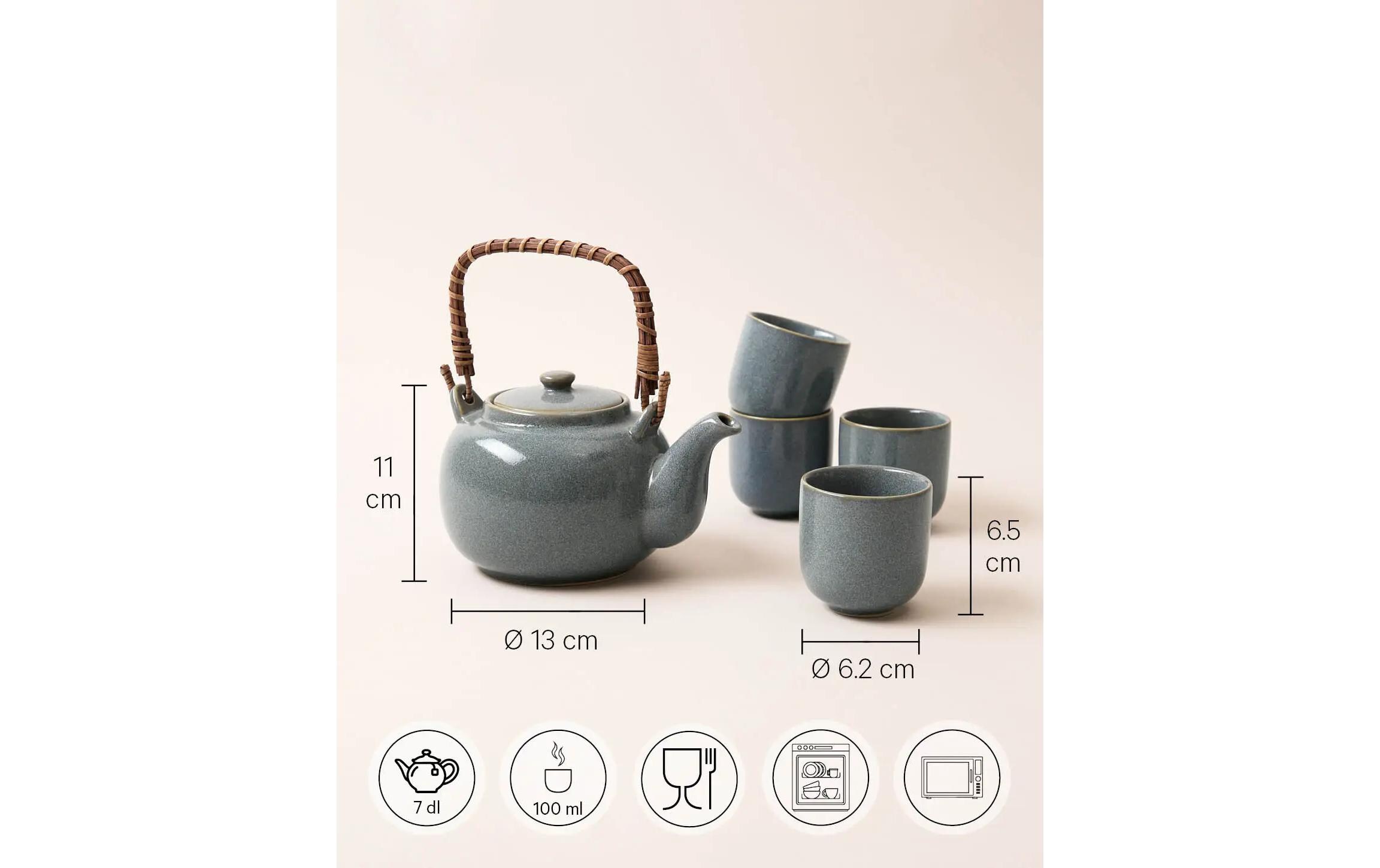 Tee-Set Japandi Krug & 4 Tassen 0.7 l, BlaugrauJapanisches Teeservice aus Keramik