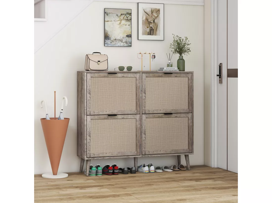 Meuble à chaussures rétro gris à 4 portes, avec look en rotin, double étagère, 105 cm, avec fond arrière, idéal pour couloir et espaces similaires