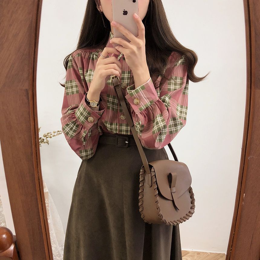 Tangihouse - V-hals gebreid vest / babydoll blouse met lange mouwen / effen midi-rok (diverse ontwerpen)