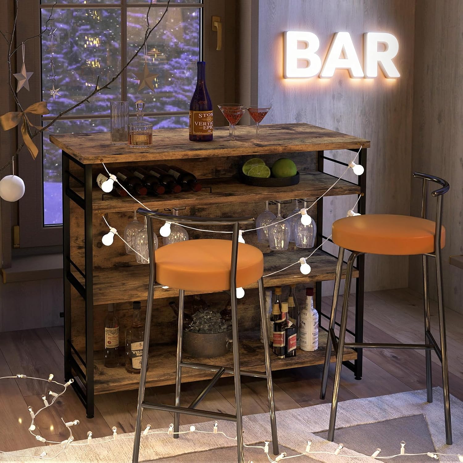 GIANTEX Hausbar Theke Bar, Barschrank mit 4 offenen Ablagen, Bartisch Küchen Tresentisch mit Weinregal & Gläserhalter, Küchenregal Küchentheke 120 x 60 x 101 cm, Küchenbar Küchentresen