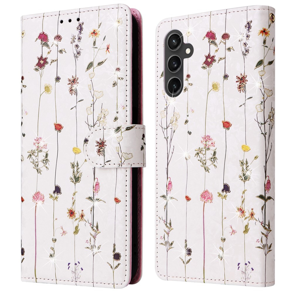 Samsung Galaxy S23 FE Leder Tasche mit Kartenfächer - Glitzer Blumenranken