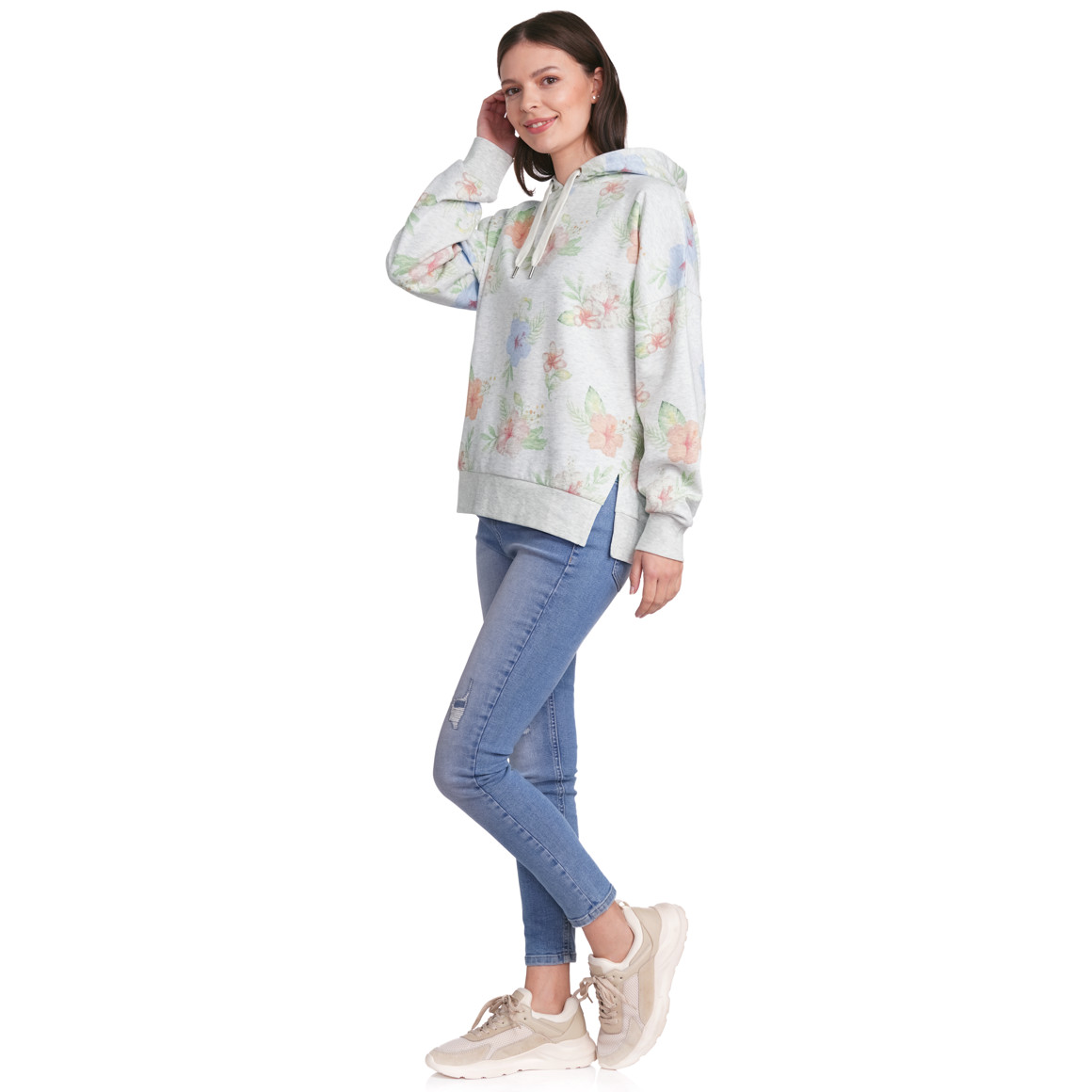 Gina Damen Hoodie mit Aquarell-Print hellgrau / bunt