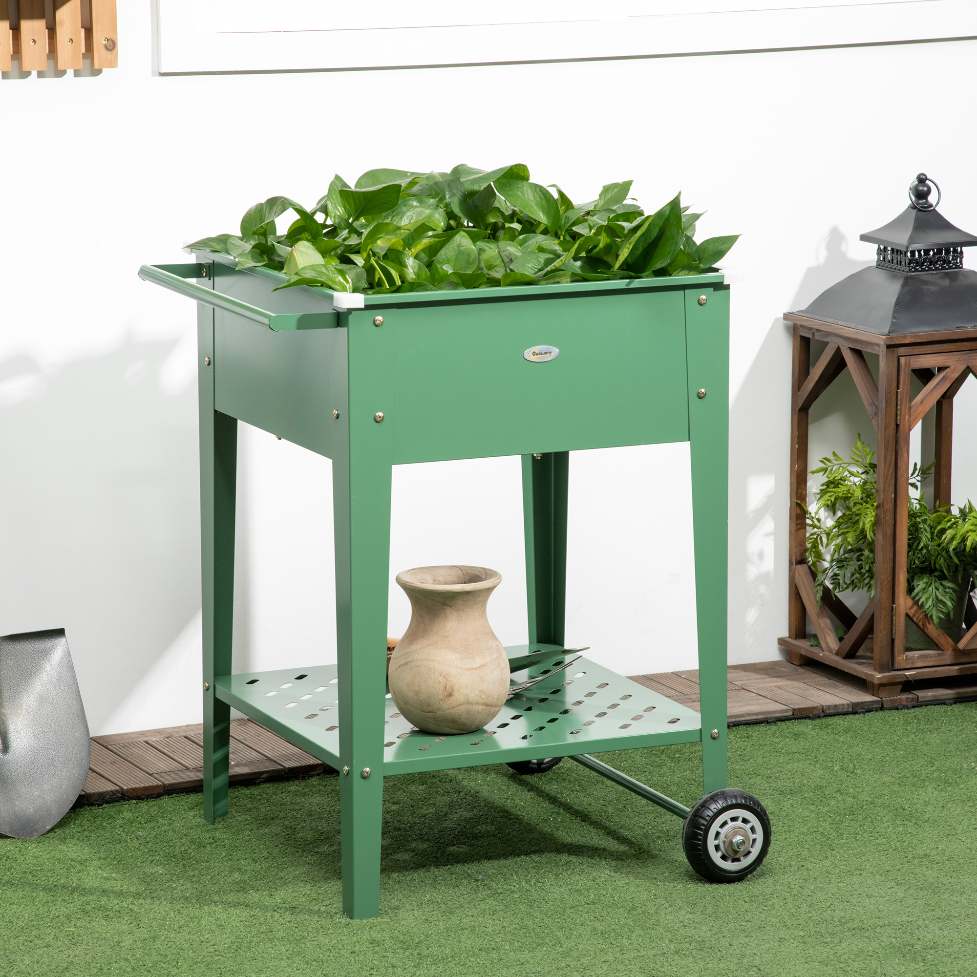 Jardim urbano elevado Outsunny com rodas, floreira externa em aço galvanizado 64x55x79 cm com prateleira e alça lateral para cultivo de plantas, flores e vegetais (verde)