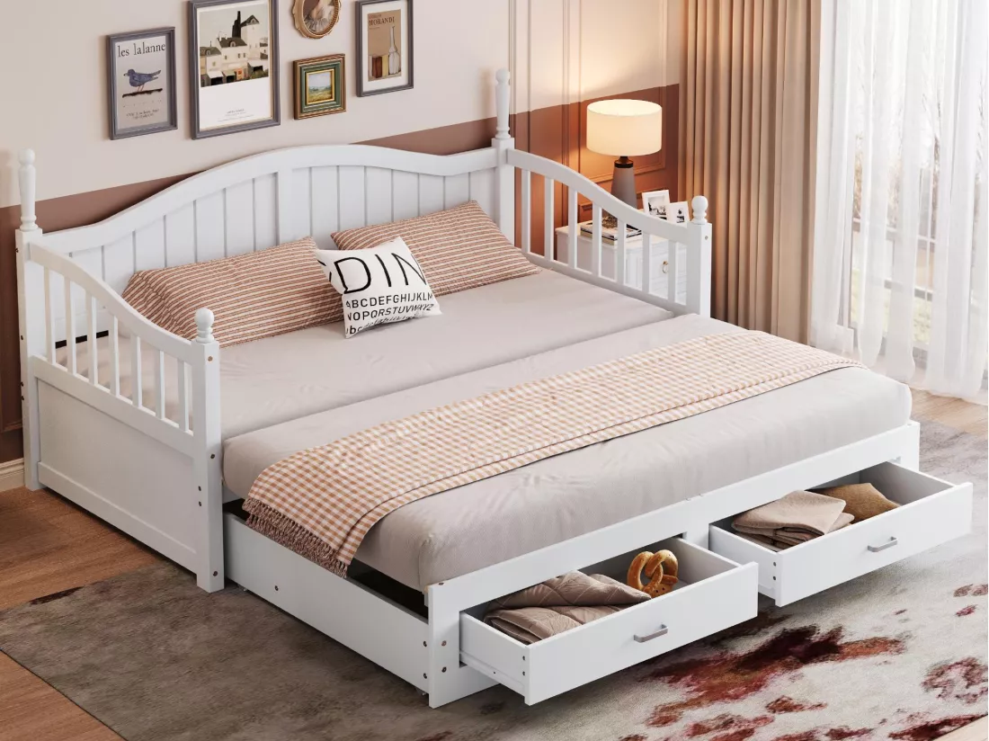 Canapé-lit pliant en bois massif 90/180x200 cm avec tiroirs et colonnes romaines - Blanc