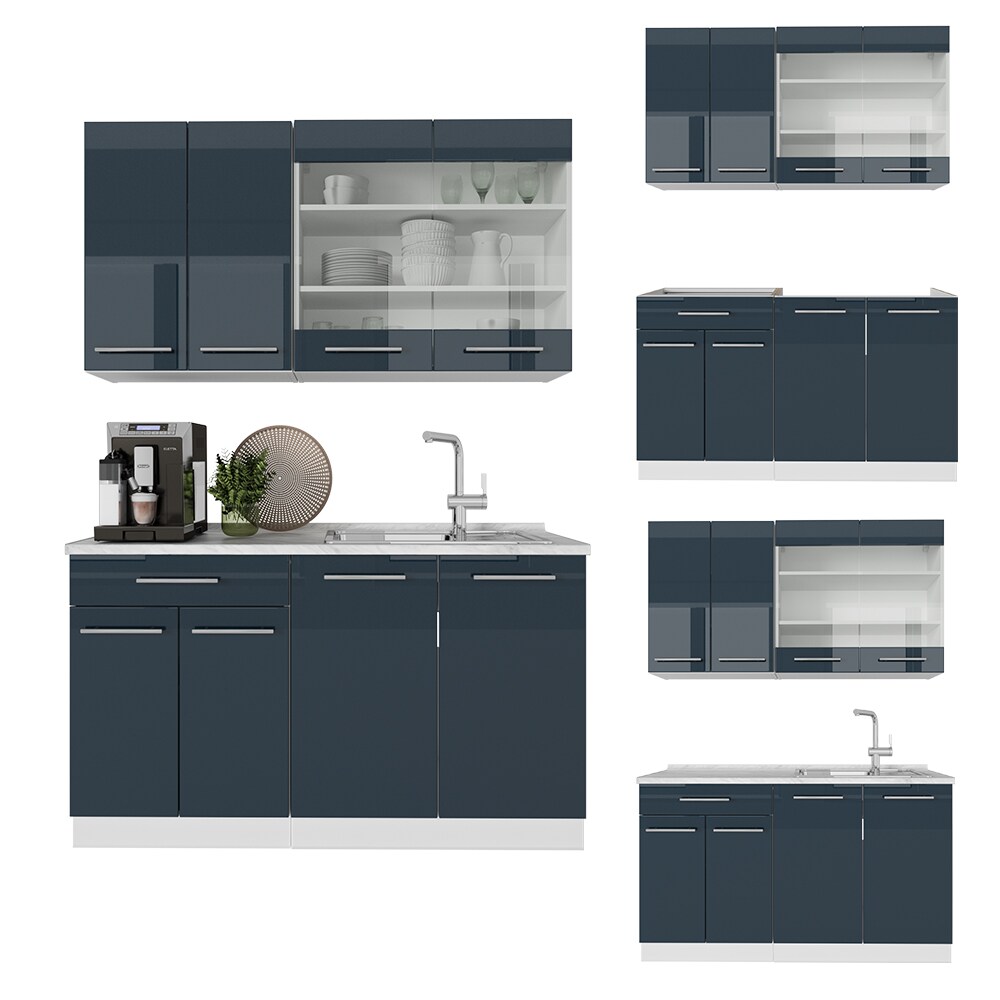 Vicco Küchenzeile Fame-Line Weiß Dunkelblau Hochglanz 140 cm mit Arbeitsplatte Eiche