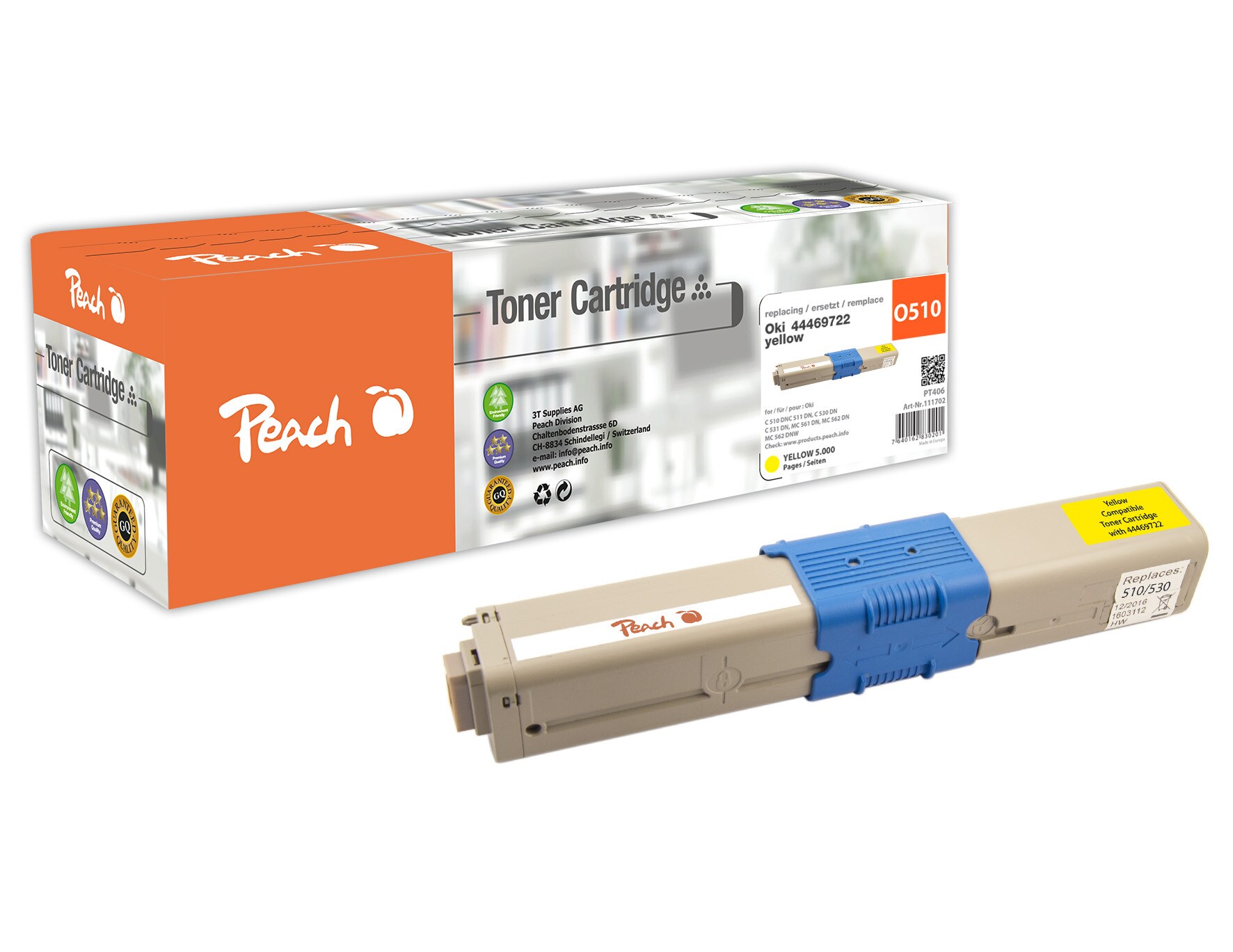 Peach O4446/4449 Toner XL ye ersetzt OKI 44469722 für z.B. OKI C 510 DN, OKI C 511 DN, OKI C 530 DN, OKI C 531 DN, OKI MC 561 DN, OKI MC 562 DN (wiederaufbereitet)