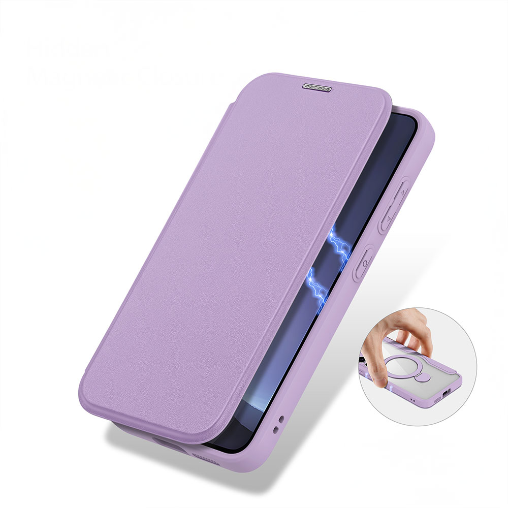 Samsung Galaxy S25 Hybrid Leder Tasche Kickstand Aufsteller   Kunststoff Rückseite MagSafe-Modul - Lila / Transparent