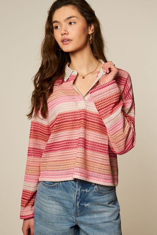 Roze gestreepte polo met lange mouwen