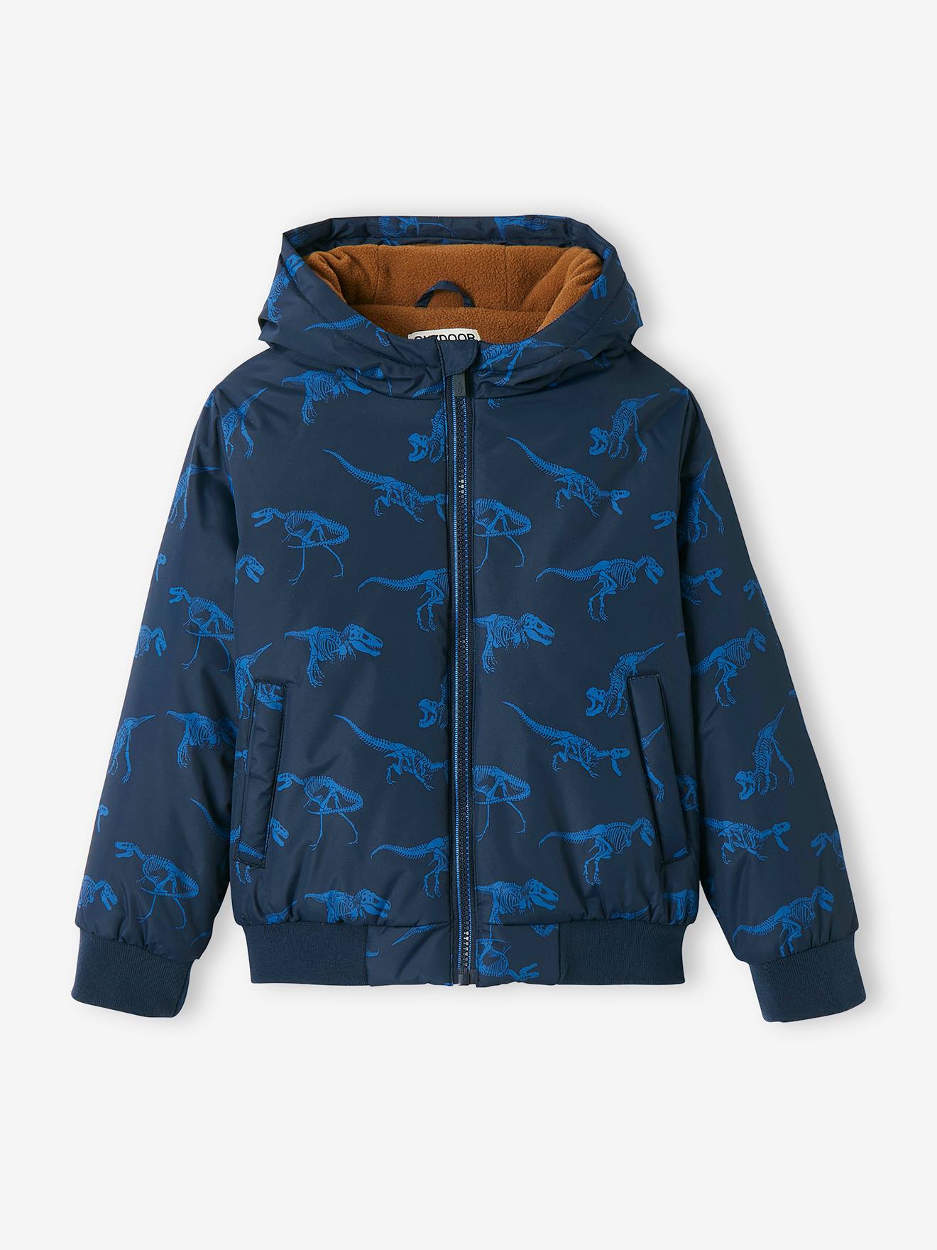 Jaqueta com capuz e forro de lã com estampa de dinossauros, infantil, azul-escura.