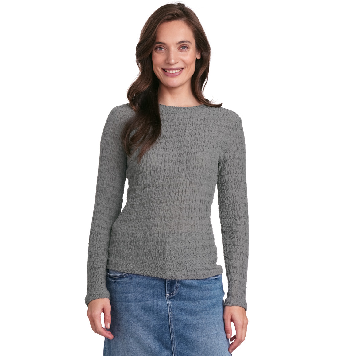 Gina Collection Damen Langarmshirt mit gekreppter Struktur dunkelgrau