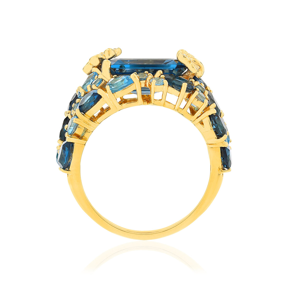 Bague or jaune 750 papillons topazes London Blue et Swiss Blue et diamants