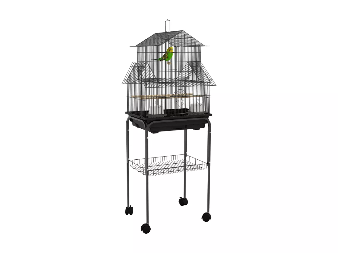 Cage à oiseaux design maison mangeoires perchoirs 3 portes plateau excrément amovible noir