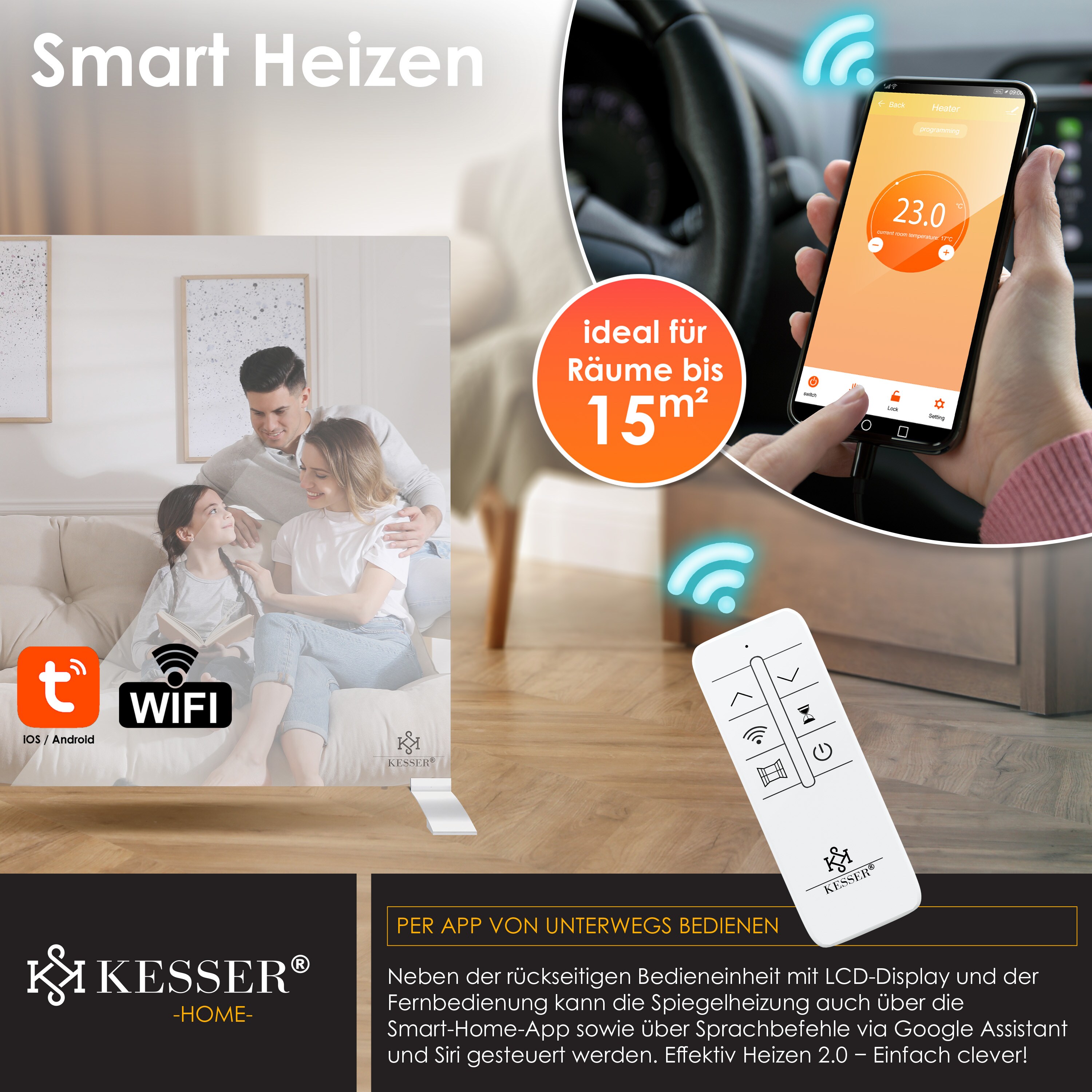 KESSER® Infrarotheizung Spiegelheizung Energiesparend 2in1 Standgerät & Wandmontage Elektroheizung mit Erkennung Offener Fenster + Fernbedienung & App-Steuerung Thermostat Infrarot Heizpaneel