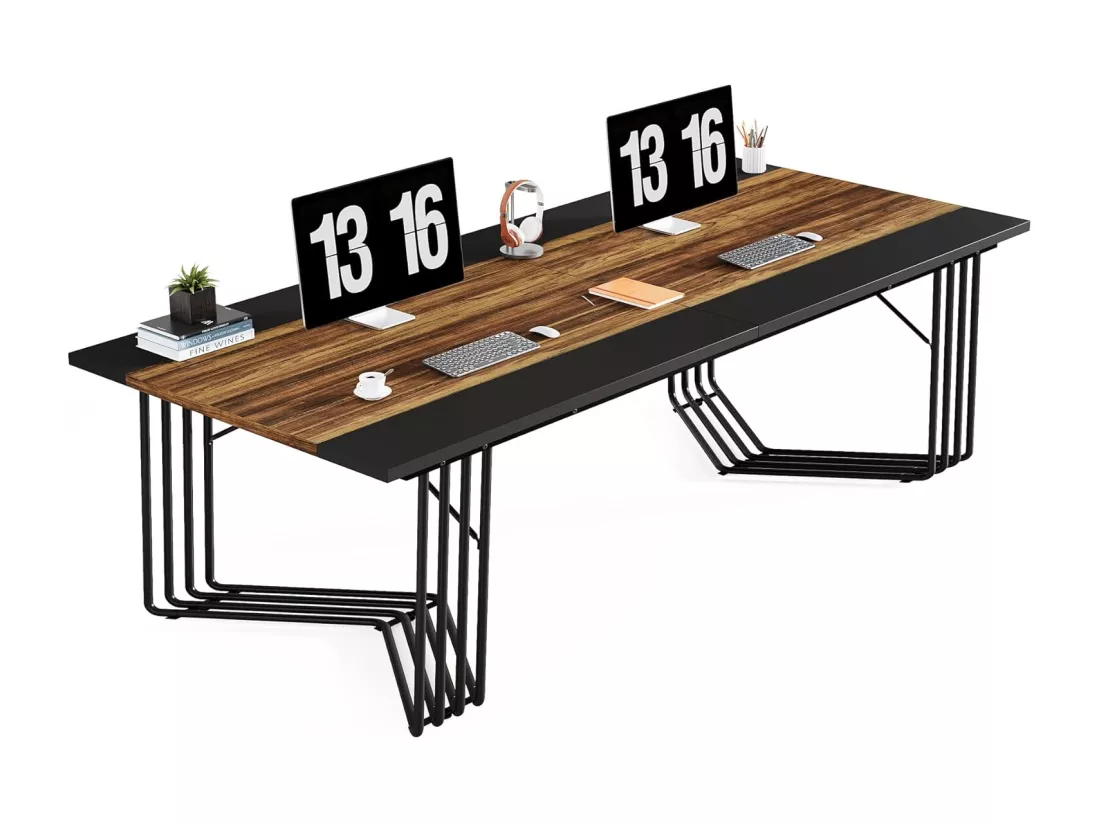 Tribesigns Bureau 200 cm pour 2 personnes avec structure géométrique solide en métal - Table de réunion ou de séminaire pour 8 à 10 personnes - Marron rustique