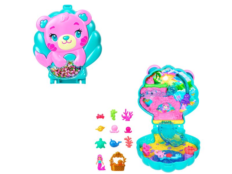 Polly Pocket Spielset Meer-Bär Schatulle Spiel-Set mit 1 Mini-Meerjungfrauenpuppe und Meerestieren, Reisespielzeug mit passendem Zubehör