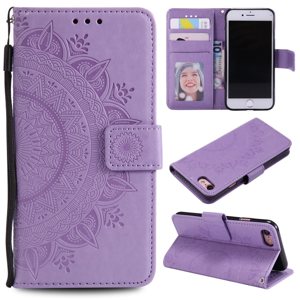 iPhone SE (2022/2020) / 8 / 7 / 6S Leder Tasche Wallet - Mandala Flowers Imprint - Lila