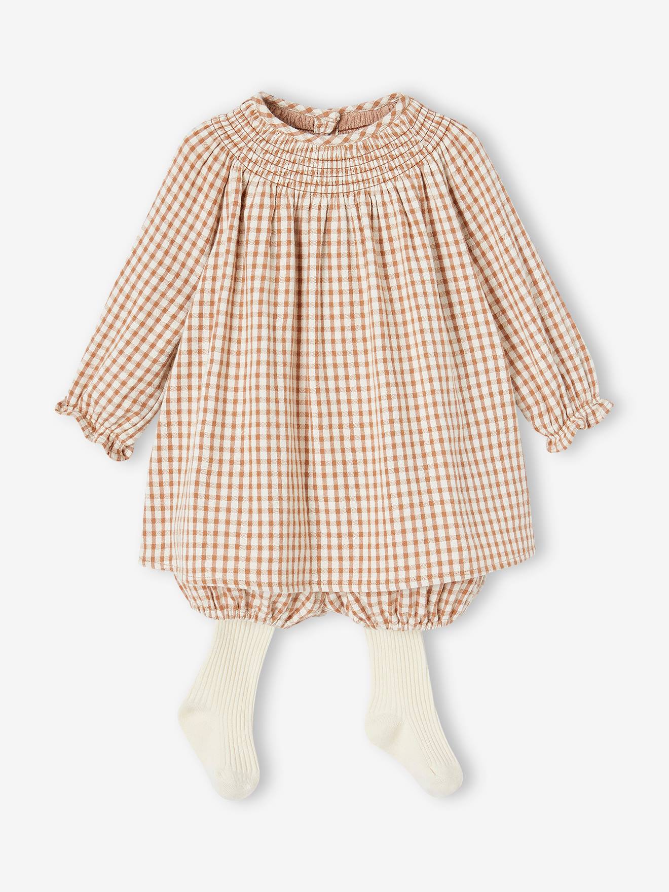 Conjunto de roupa de bebê de 3 peças: vestido, calcinha e meia-calça cor de noz-pecã.