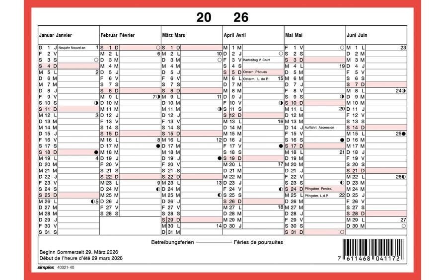 Kalender ohne Namenstage A5 Querformat, 2026Wandkalender