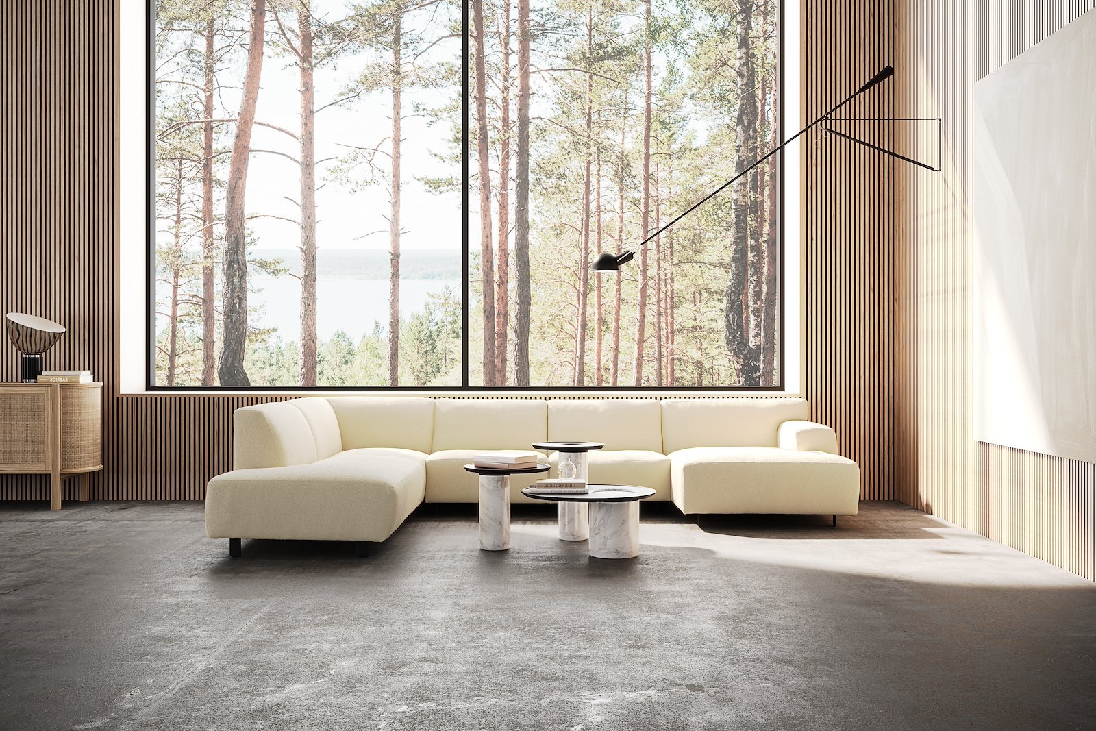 Vesta U-sofa Sjeselong høyre, 3-seter og åpen ende venstre. Big hjørnemodul, Tekstil Gianni Cream, sort metallben 10 cm, Comfort CM