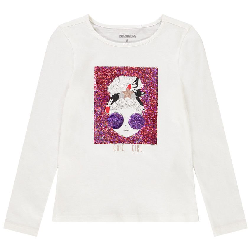 T-shirt manches longues avec print et sequins magiques pour fille - Ecru