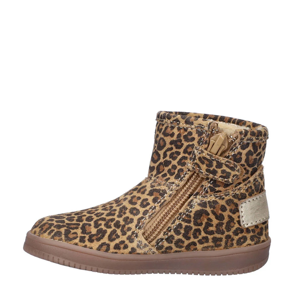 Nelson Kids gevoerde suède enkelboots met panterprint beige/zwart