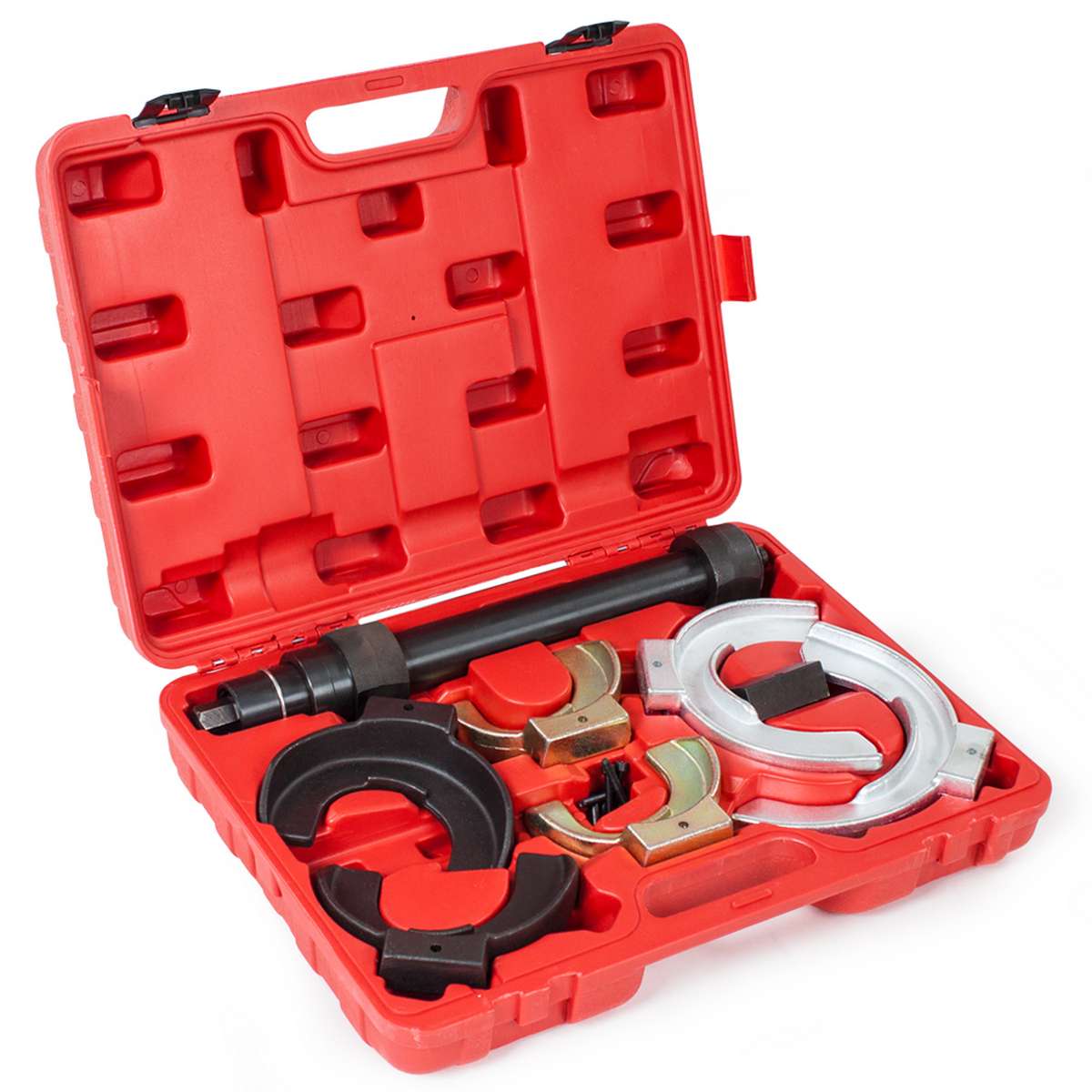 tectake® Universal Federspanner, 3 Spannköpfe und Distanzstück, Durchmesser 80 - 190 mm, übersichtliche Anordnung im Kunststoffkoffer