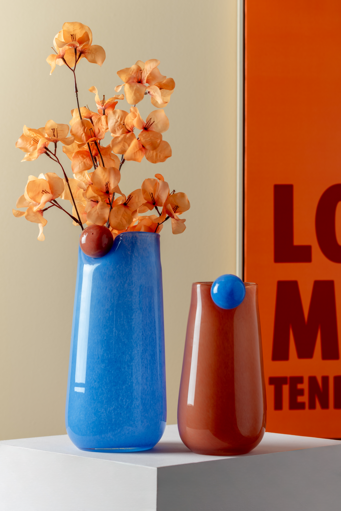 Vase Bolita glass large soft blue w. soft orange