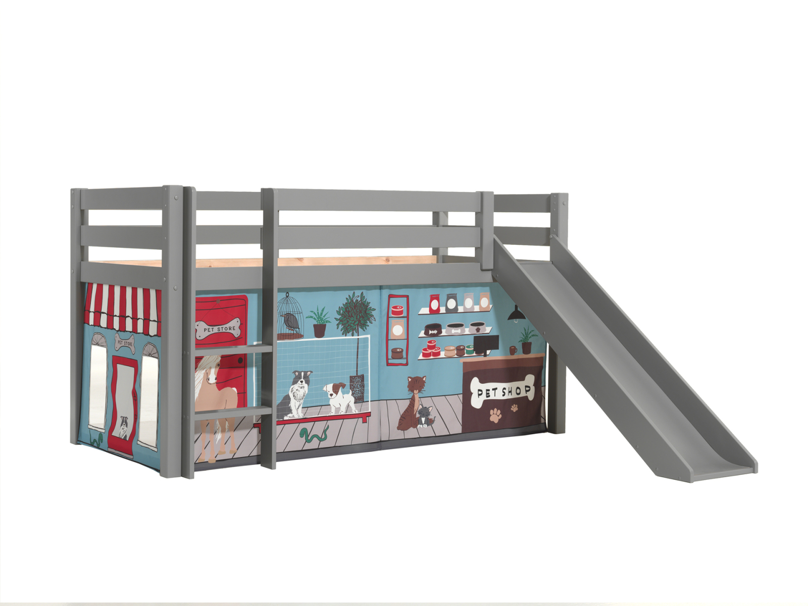 Halbhochbett PINO - PET SHOP - Kiefer grau Massivholz - mit Rutsche - 90x200 cm