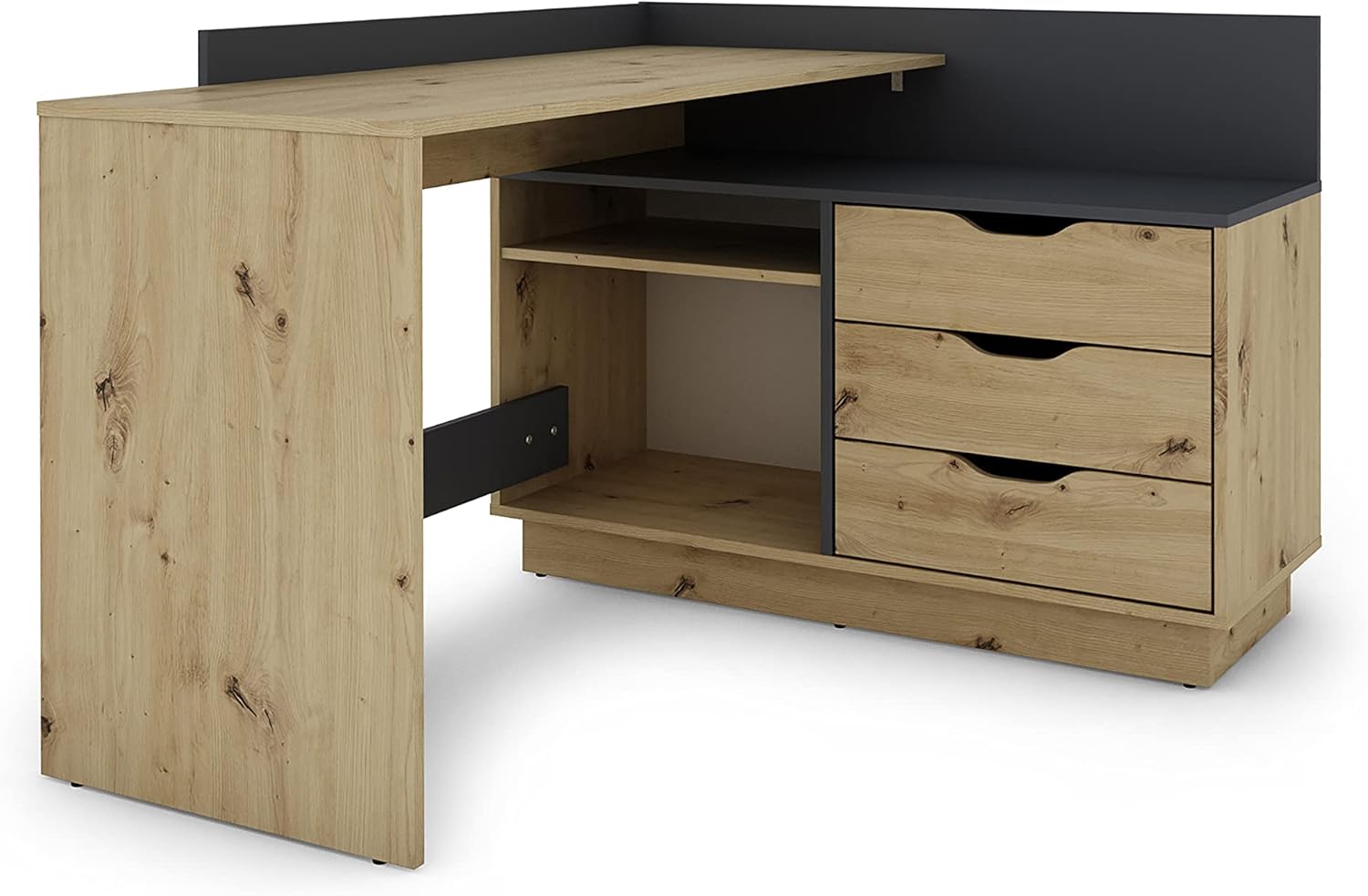byLIVING Winkelschreibtisch Belfast/Rechts oder Links montierbar / 3 Schubkästen/Artisan Eichen-Optik - anthrazit/Bürotisch/Eckschreibtisch/Schreibtisch/B 129, H 83,5, T 105 cm