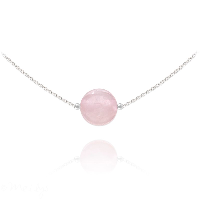 Collier ras du cou en argent 925 rhodié avec pierre naturelle 10mm - Quartz Rose