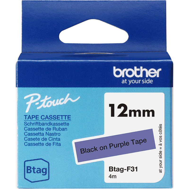 Brother BTAG-F31 – Ruban adhésif noir sur violet, 12 mm de large, non laminé