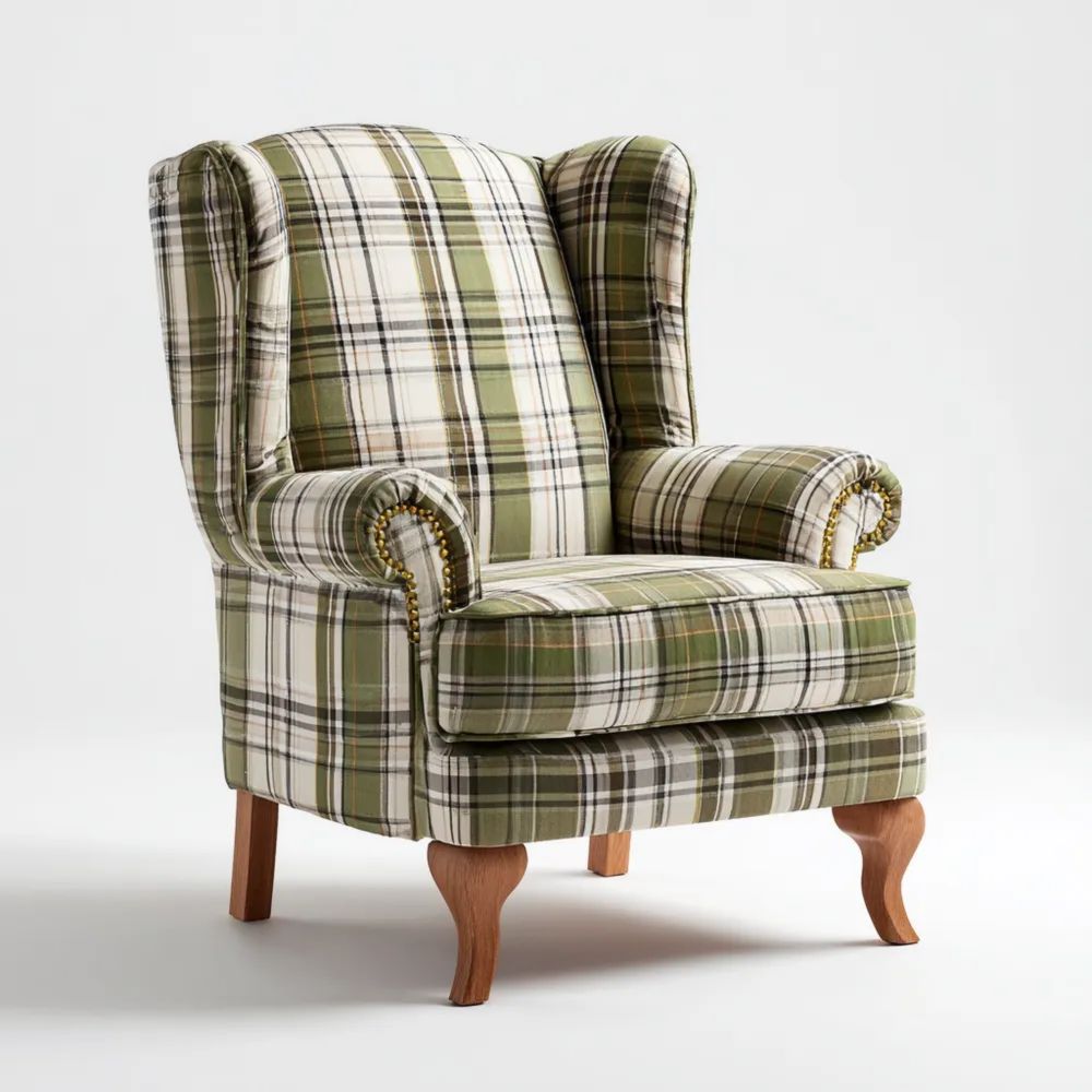 Ohrensessel 75x80x100 cm Kariert Stoff – Grün/Beige – Klassisches Design