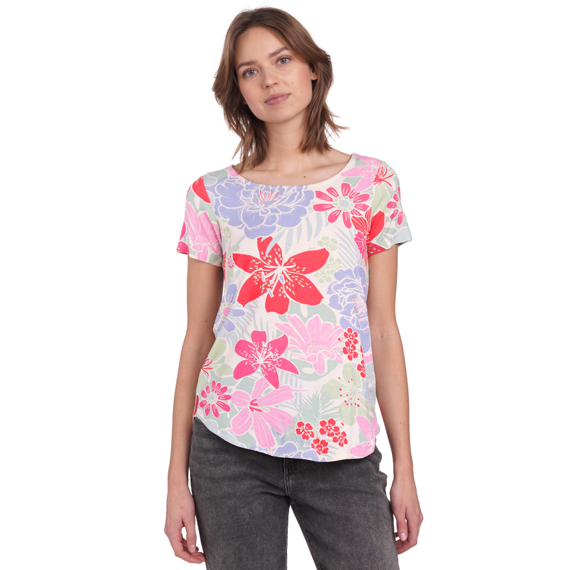 Gina Damen T-Shirt mit Blumen-Print creme / bunt