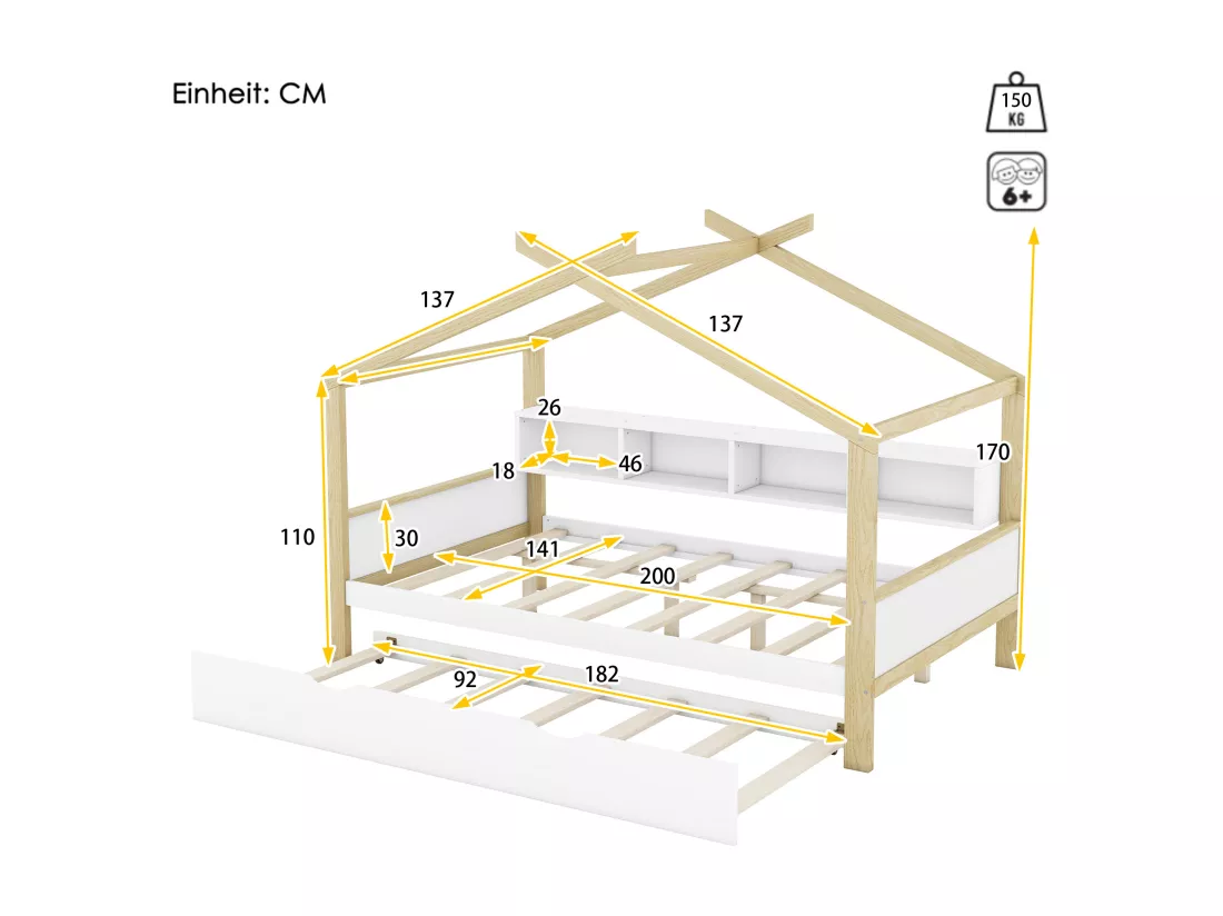 Lit cabane 140 x 200 cm avec lit gigogne 90 x 180 cm - 4 niches - Bois de pin - blanc