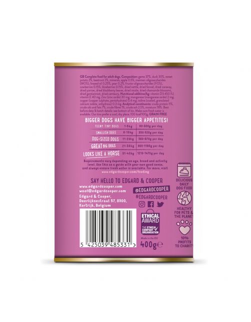 Edgard&Cooper Blik Game Duck Adult - Hondenvoer - Wild Eend Rode Biet 400 g Graanvrij