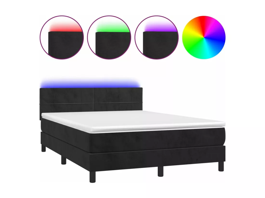 Sommier tapissier avec matelas et LED Noir 140x190 cm Velours