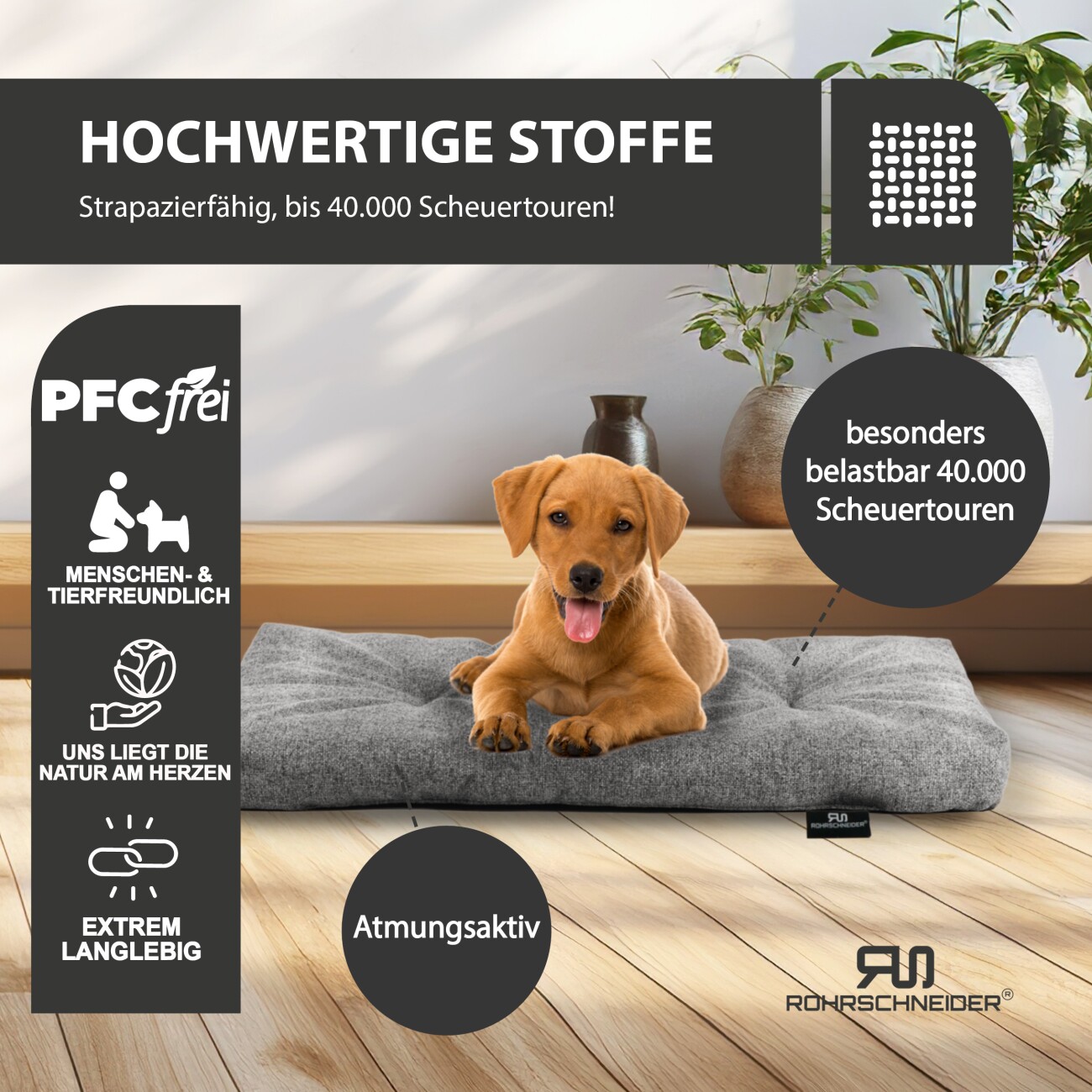 Rohrschneider ® Hundebett mit Anti-Rutsch-Boden, strapazierfähiges Kissen für Hunde und Katzen, B80 x T50 x H 7 cm, inkl. Gratis-Wassernapf