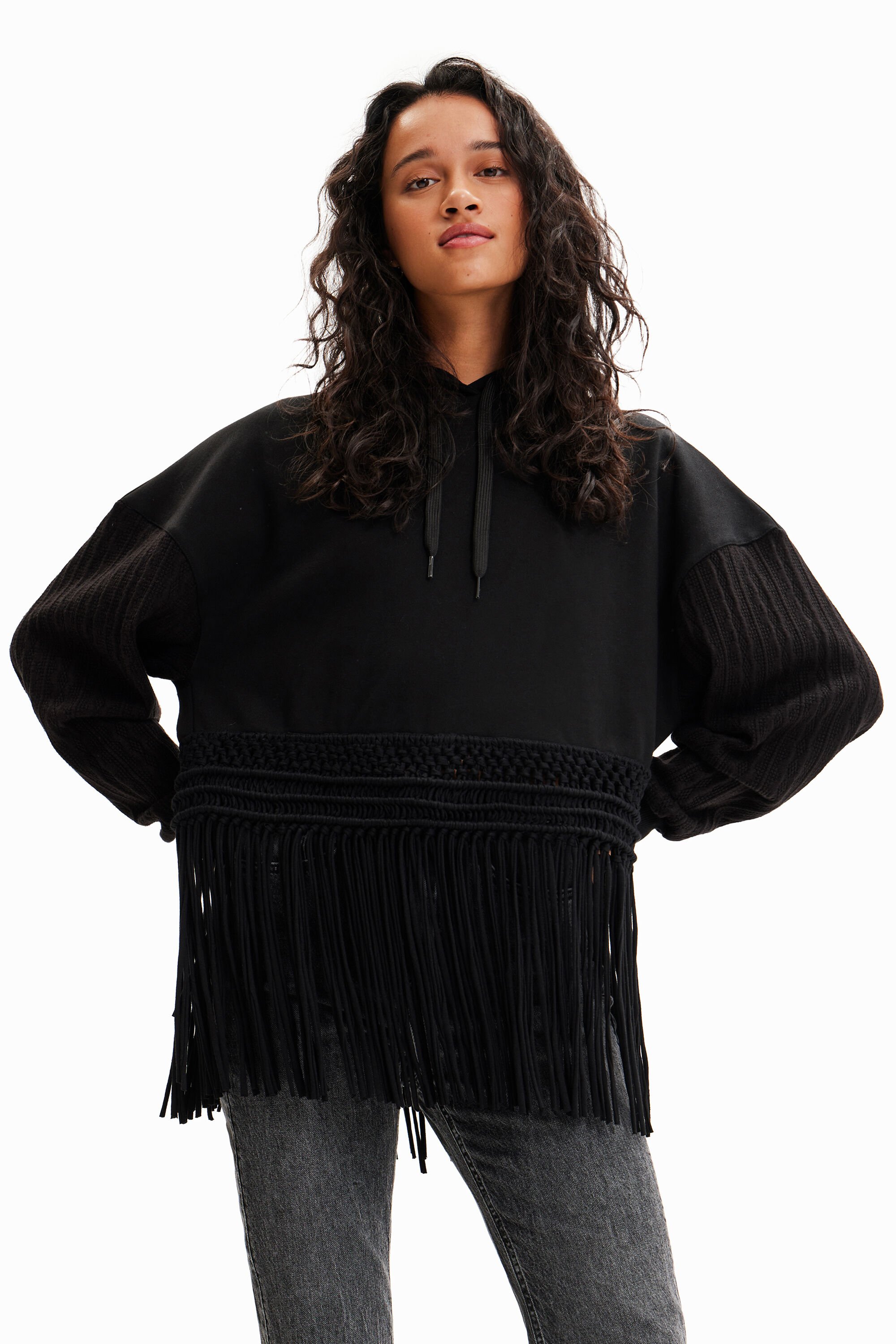 Sweat-shirt oversize capuche franges