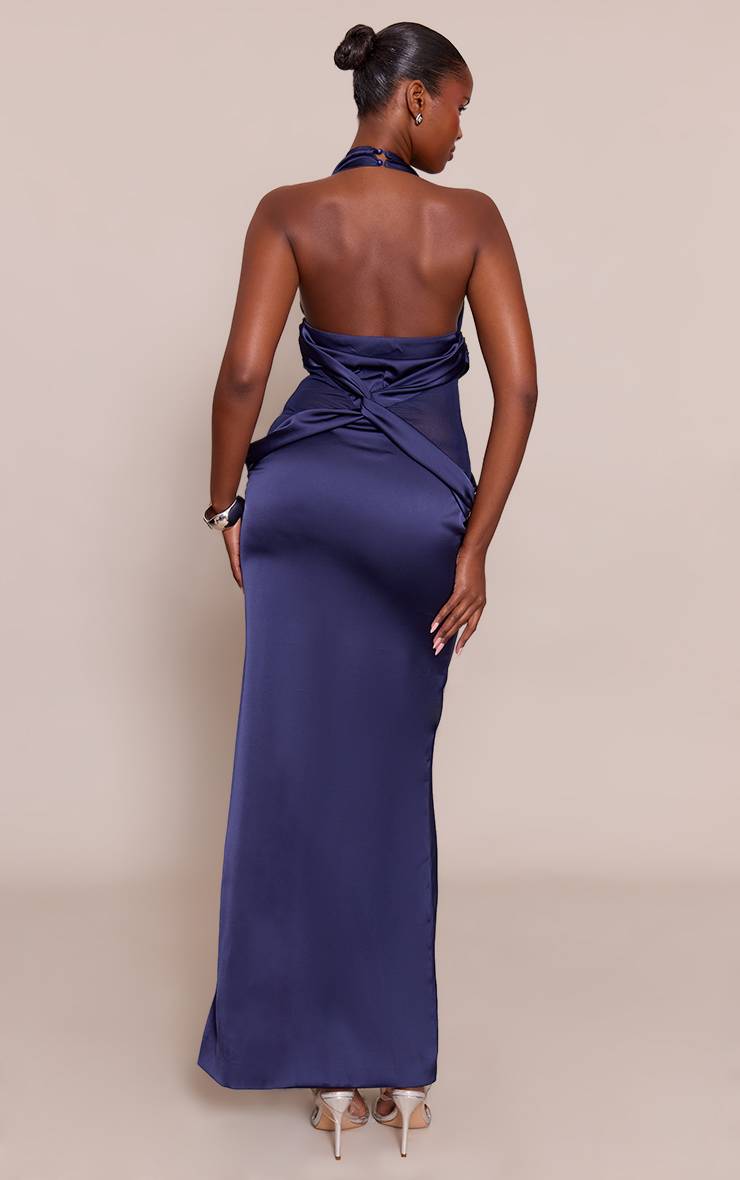 Bleu Marine Robe Longue En Satin Avec Détails En Résille